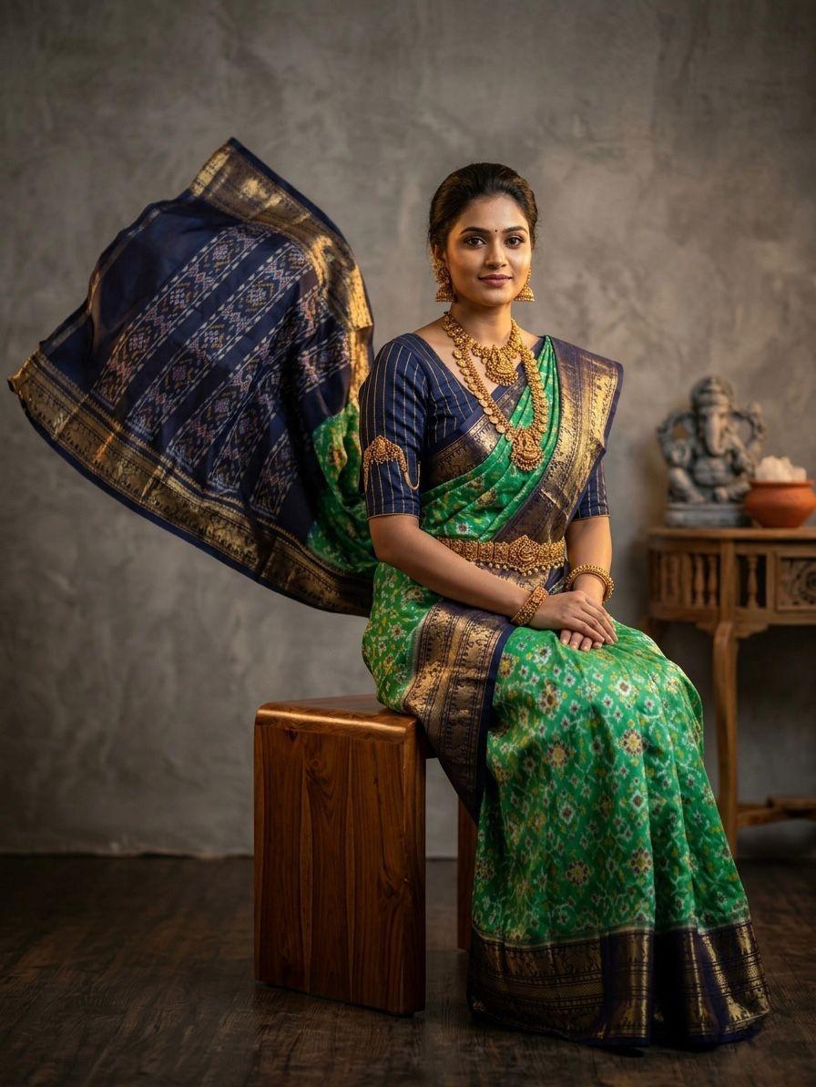 Green Handloom Pattu Silk Saree with Navy Blue Rich Designer Border | Premium Collection