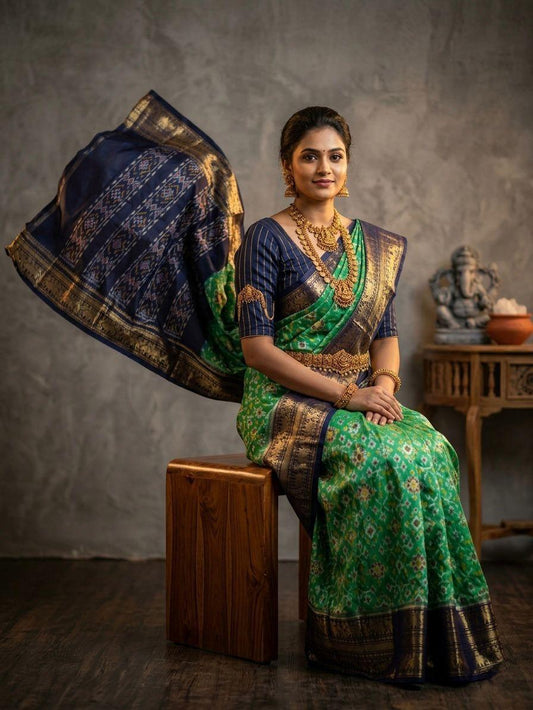 Green Handloom Pattu Silk Saree with Navy Blue Rich Designer Border | Premium Collection