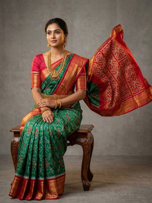 Green Handloom Pattu Silk Saree with Red Traditional Woven Border | Premium Collection