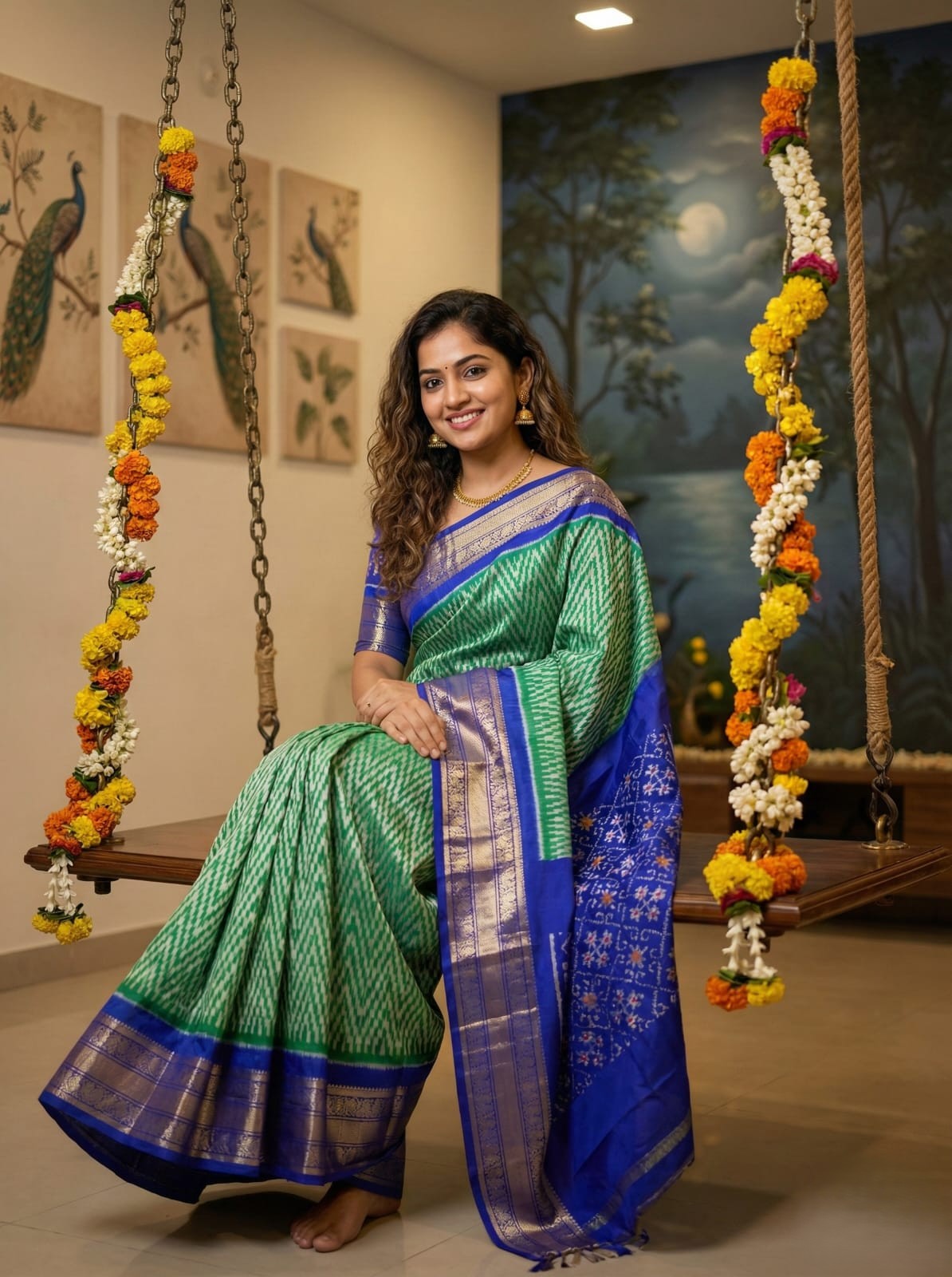 Green Handloom Pattu Silk Saree with Royal Blue Traditional Zari Border | Premium Collection