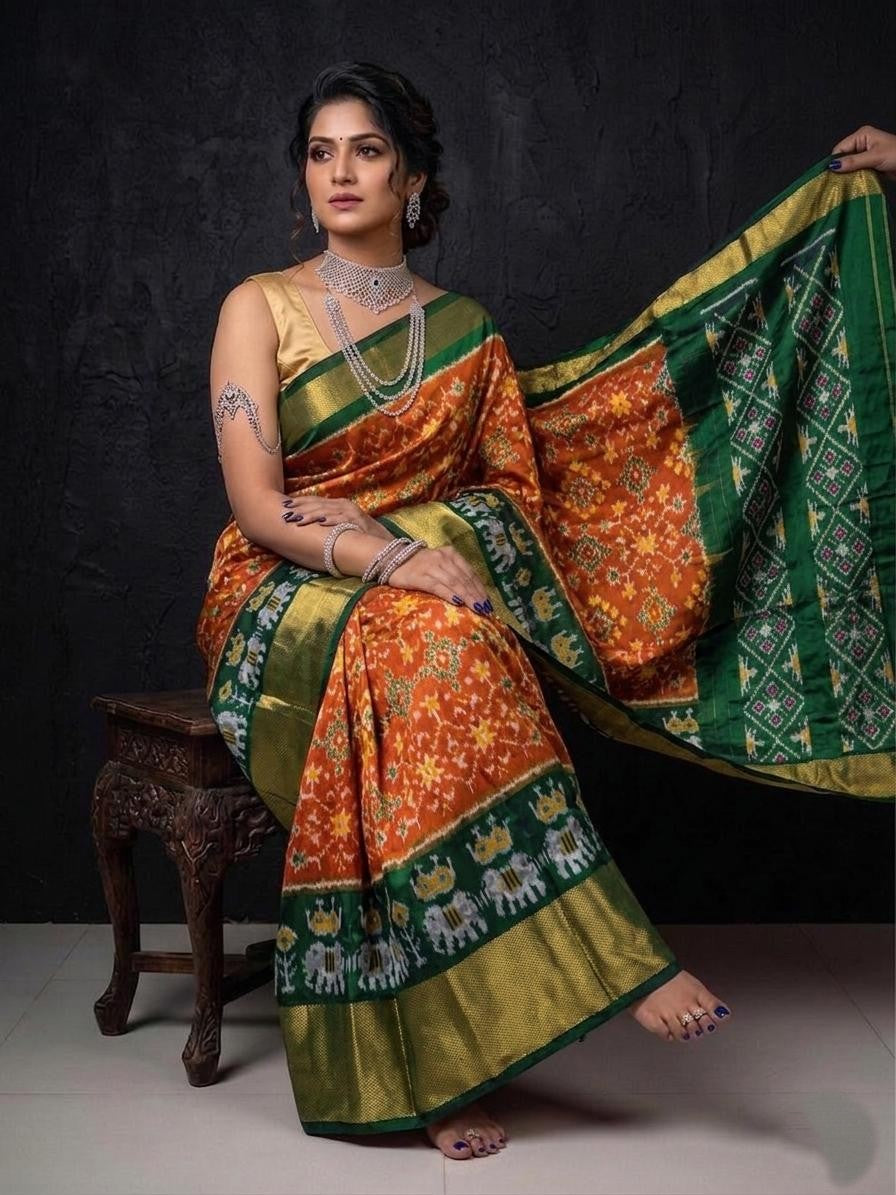 Green Orange Contrast Handloom Kotha Silk Saree | Premium Collection