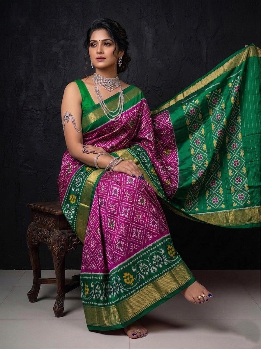 Green Pink Contrast Pallu Handloom Kotha Silk Saree | Premium Collection