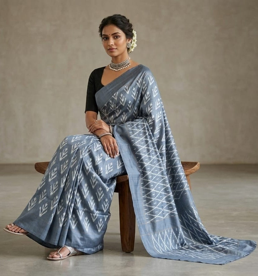 Grey Barista Soft Silks Saree with Black Designer Printed Border | Premium Collection