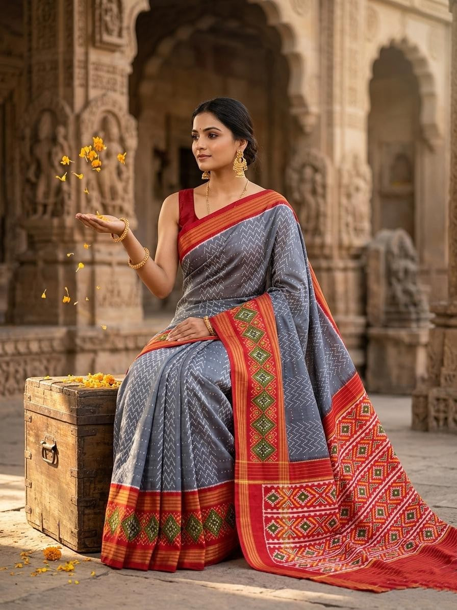 Grey Barista Soft Silks Saree with Orange Traditional Temple Border | Premium Collection