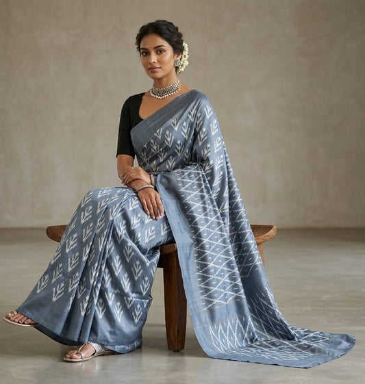 Grey Barista Soft Silks Saree with Silver Chevron Designer Pattern | Premium Collection