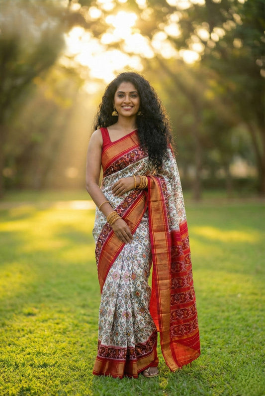 Grey Bentex Handloom Silk Saree with Orange Contrast Pallu and Zari Border | Premium Collection