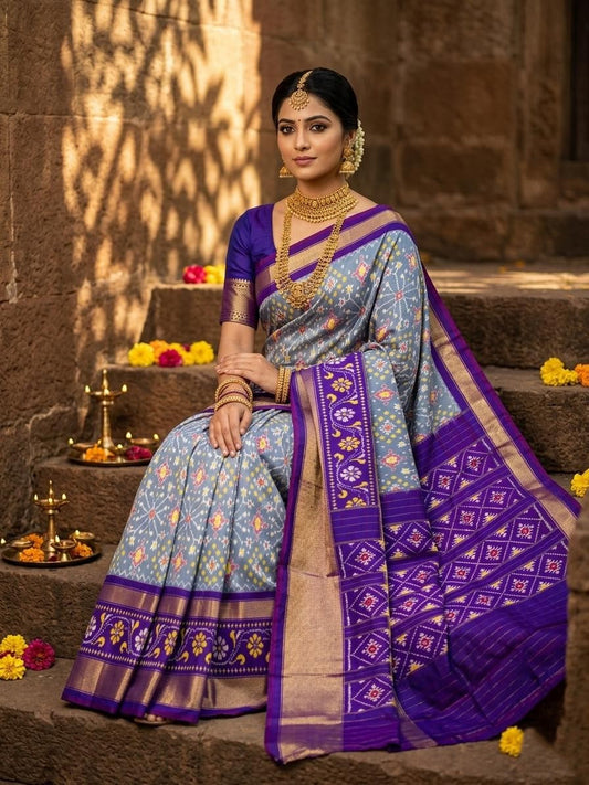Grey Bentex Handloom Silk Saree with Purple Royal Zari Border | Premium Collection