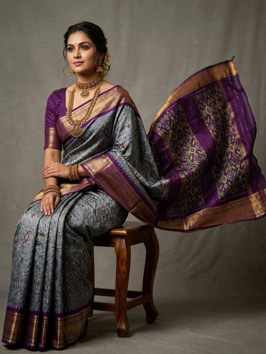Grey Handloom Pattu Silk Saree with Purple Rich Ethnic Pallu | Premium Collection