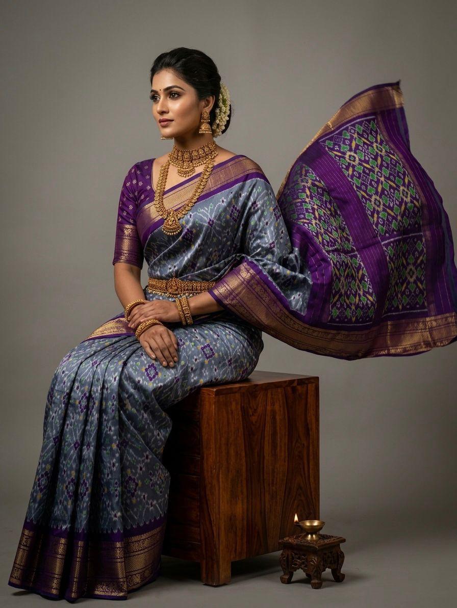 Grey Handloom Pattu Silk Saree with Purple Royal Zari Pallu | Premium Collection