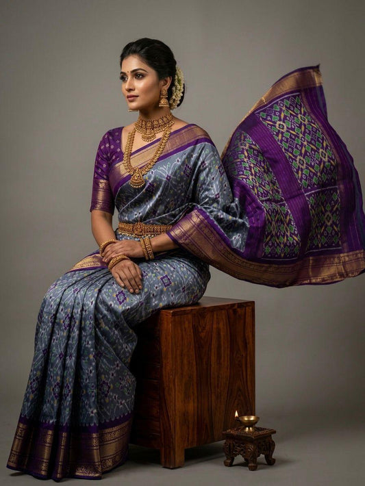 Grey Handloom Pattu Silk Saree with Purple Royal Zari Pallu | Premium Collection