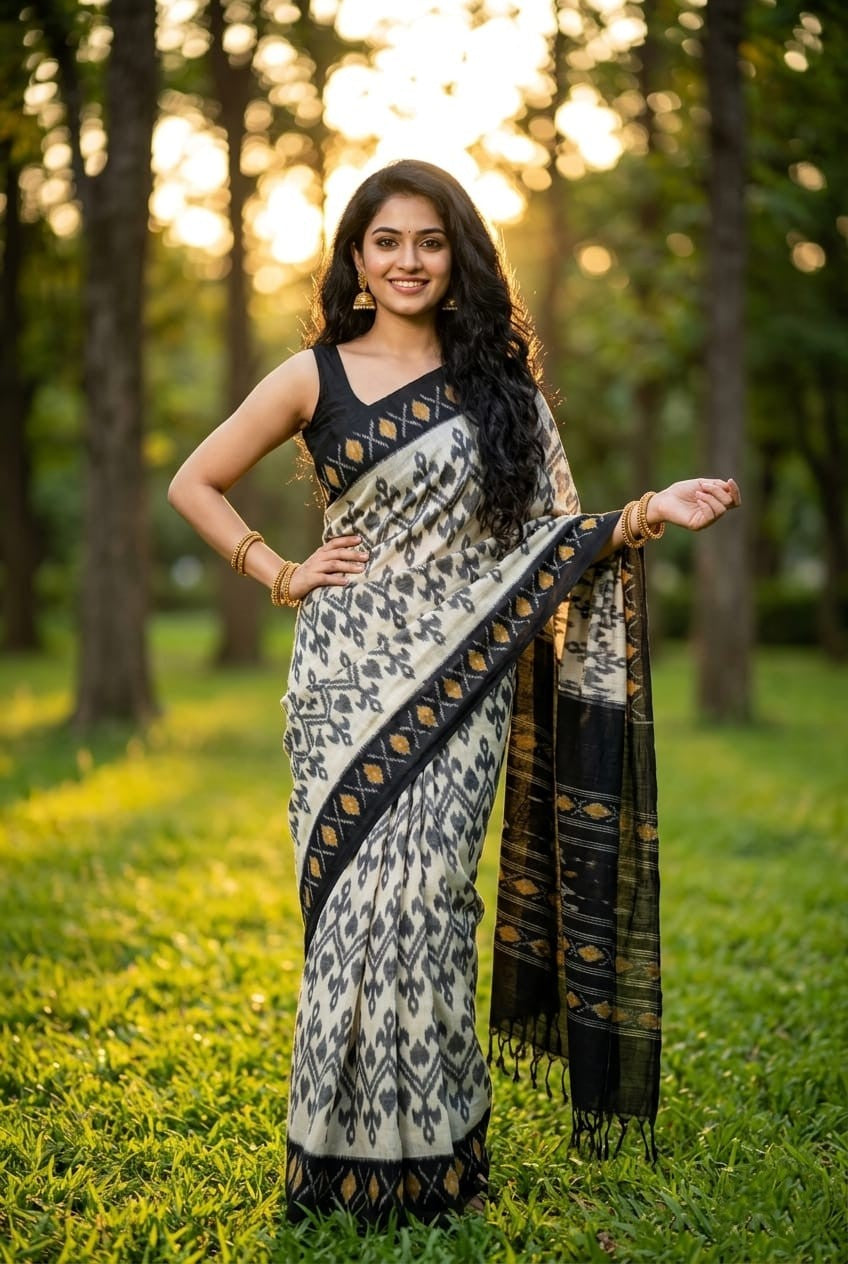Grey Ikat Linen Saree with Black Zari Border | Contemporary Traditional Wear | Premium Collection