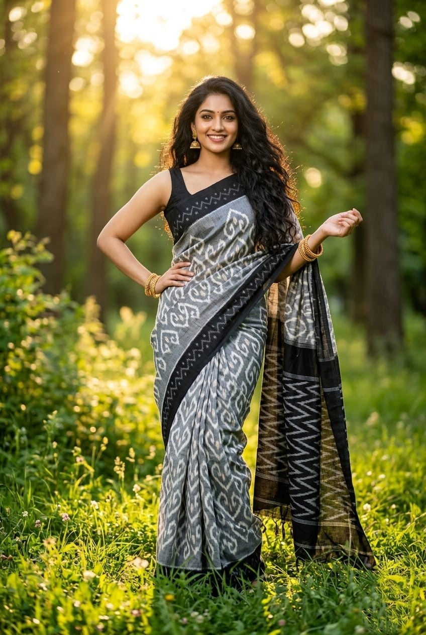 Grey and Black Buta Linen Saree with Embellished Border | Everyday Ethnic Wear | Premium Collection