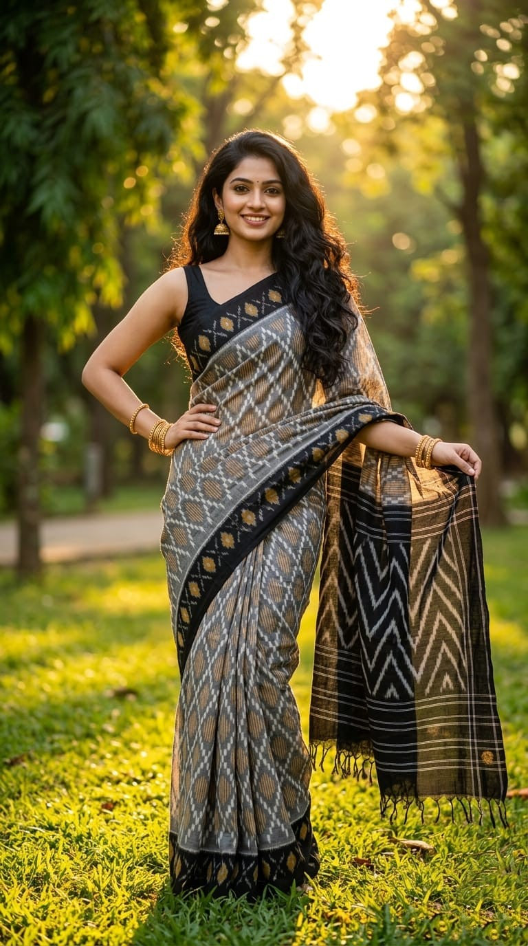 Grey and Black Geometric Linen Saree with Striped Pallu | Everyday Ethnic Wear | Premium Collection