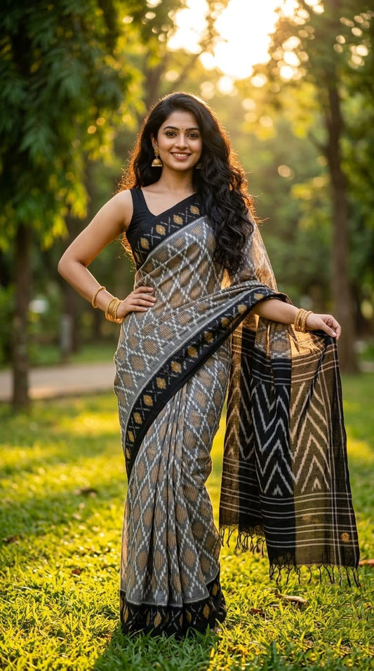 Grey and Black Geometric Linen Saree with Striped Pallu | Everyday Ethnic Wear | Premium Collection