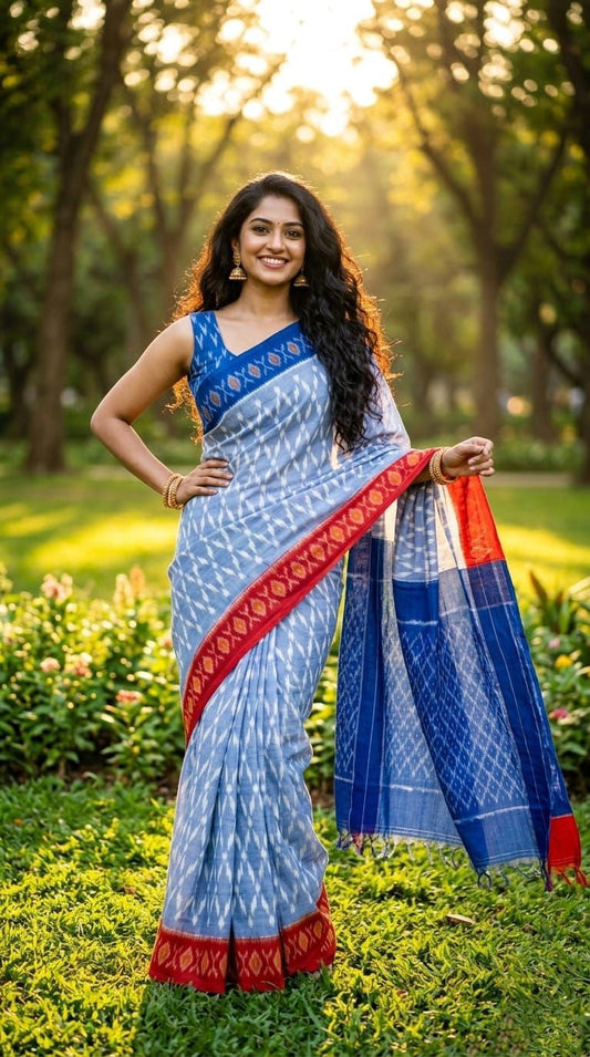 Grey and Blue Buta Print Linen Saree with Red Pallu | Printed Ethnic Drape | Premium Collection