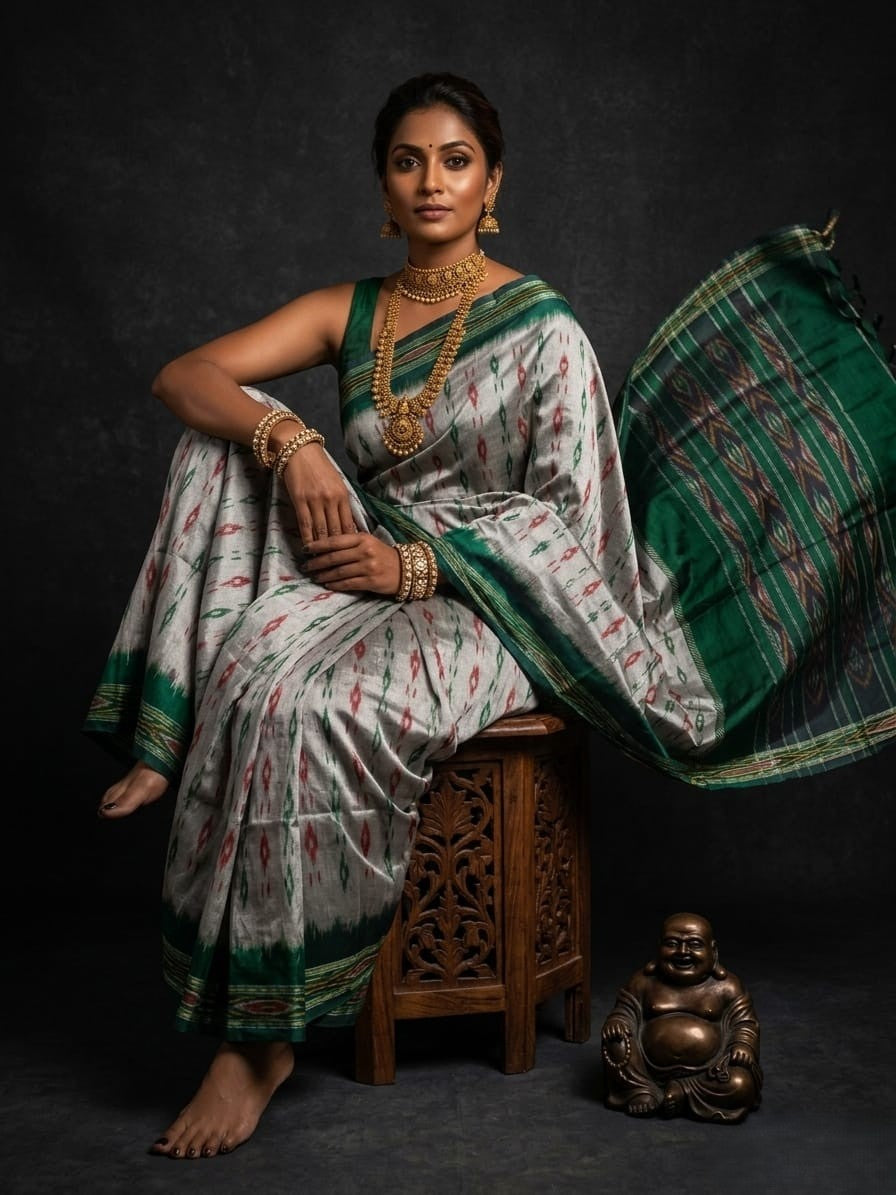 Grey and Green Barista Soft Silks Saree with Woven Designer Border | Premium Collection