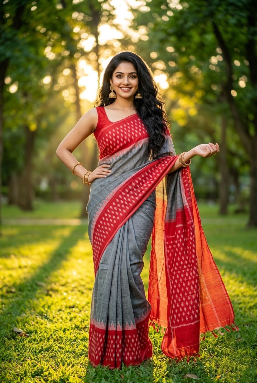 Grey and Red Linen Saree with Printed Floral Pallu | Contemporary Ethnic Wear | Premium Collection