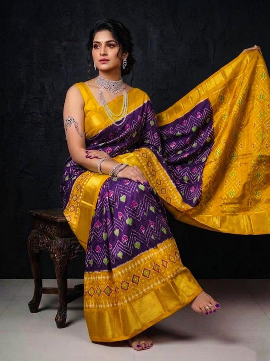 Yellow Purple Contrast Border Handloom Kotha Silk Saree | Premium Collection
