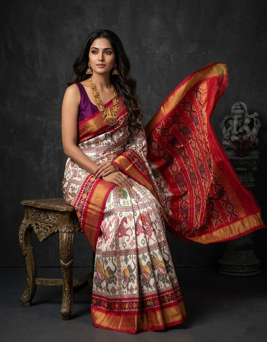 White Red Royal Wedding Handloom Kotha Silk Saree | Premium Collection