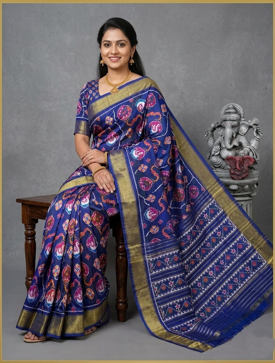 Navy Blue Floral Weaving Handloom Kotha Silk Saree | Premium Collection