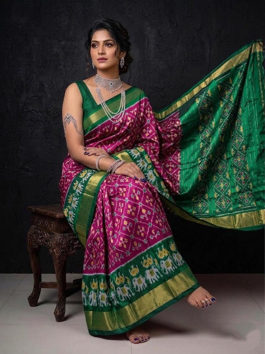 Green Pink Ethnic Rich Border Handloom Kotha Silk Saree | Premium Collection