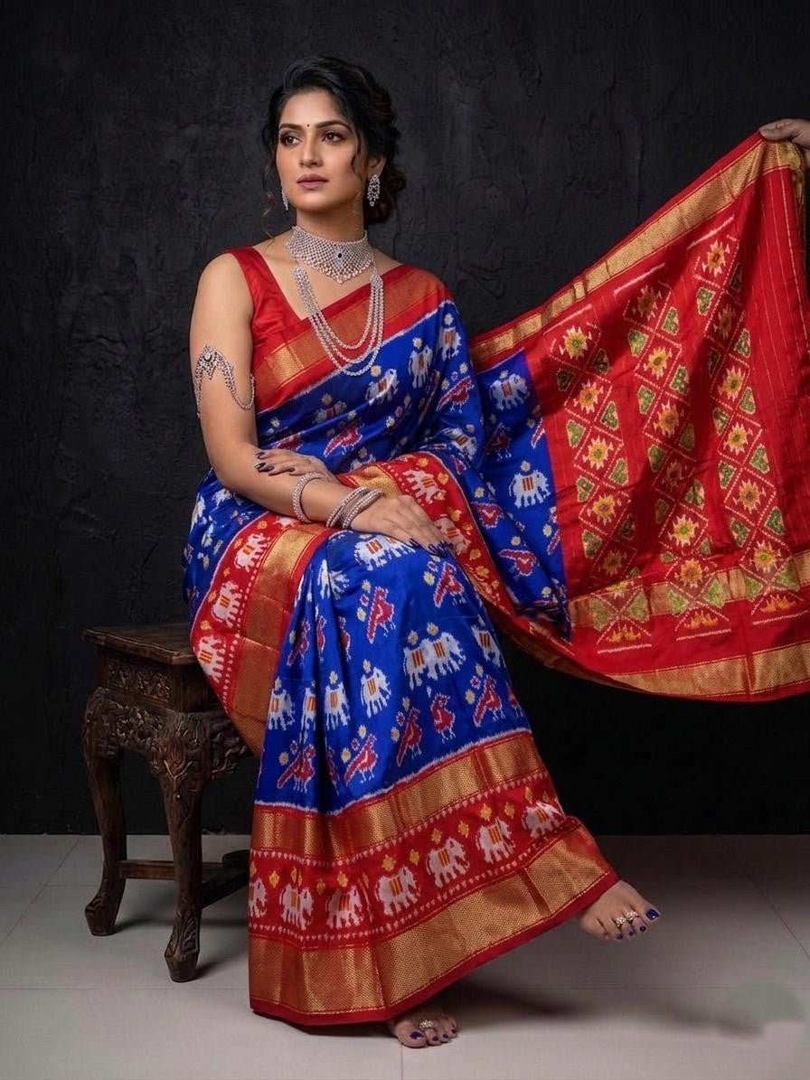 Royal Blue Red Banarasi Style Handloom Kotha Silk Saree | Premium Collection