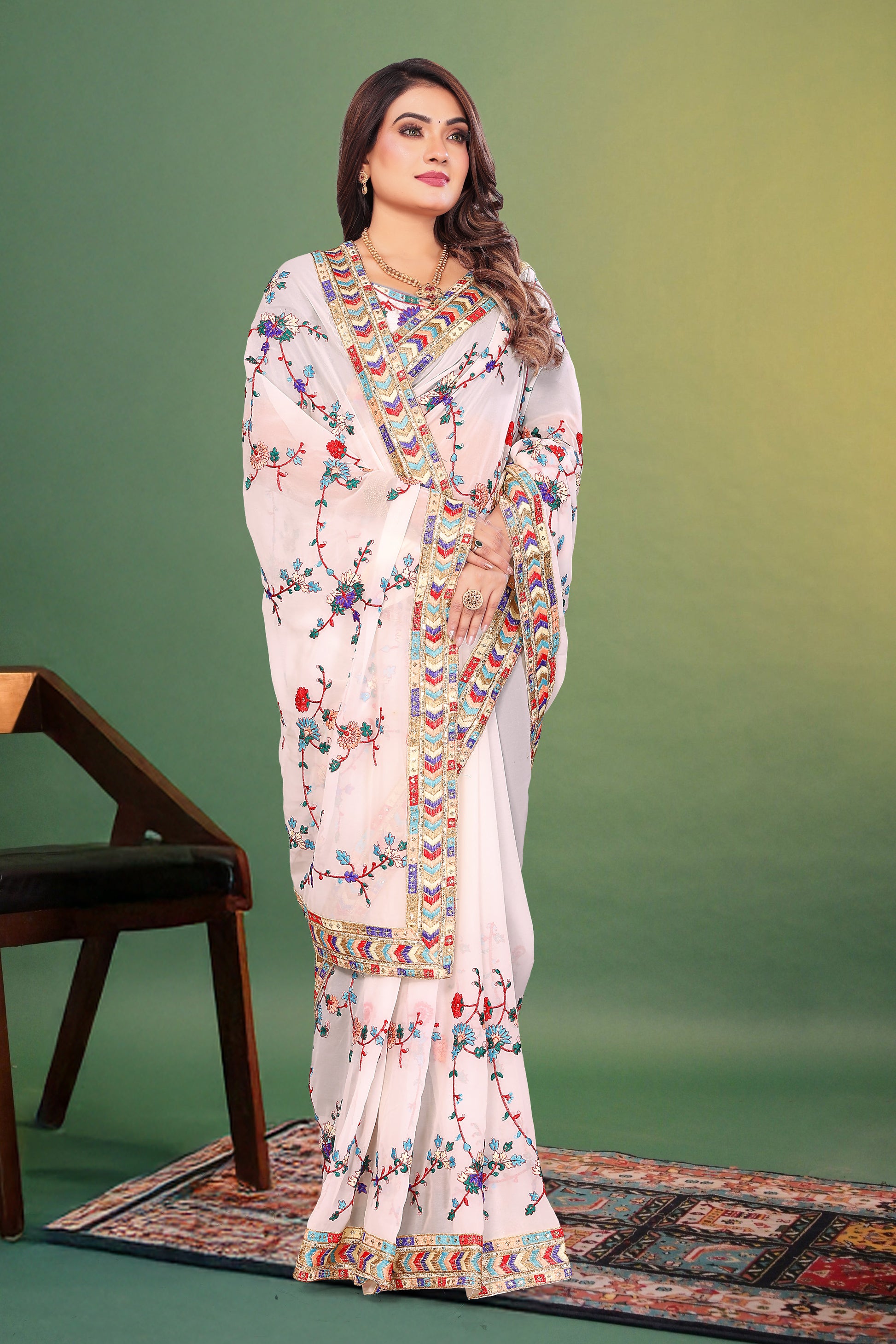 Georgette Kashmiri Embroidery Saree