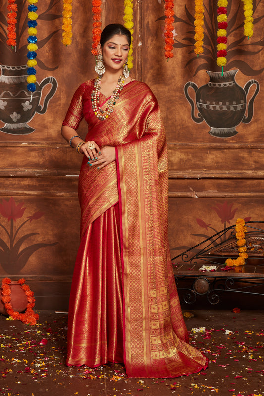 Designer Red Wedding Saree In Pure Mysore Silk With Banarasi Weave | Premium Collection