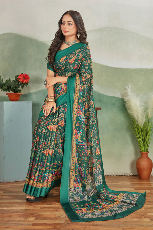 Soft Viscose Satin Saree In Dark Green With Bold Digital Prints Comes With Fancy Blouse Piece | Premium Collection