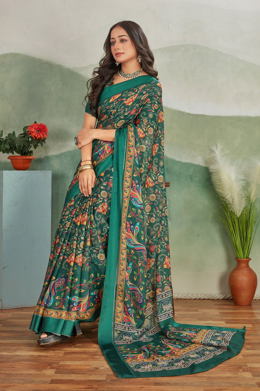 Soft Viscose Satin Saree In Dark Green With Bold Digital Prints Comes With Fancy Blouse Piece | Premium Collection