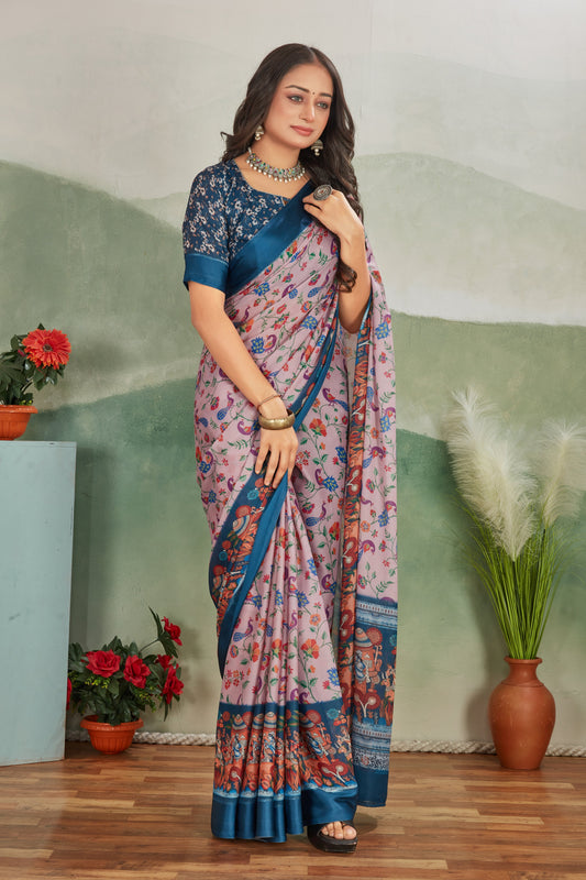 Stylish Navy Blue Satin Saree With Rich Digital Printing And Fancy Festive Blouse Material | Premium Collection