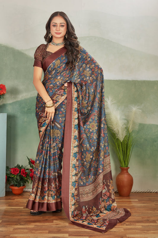 Trendy Wine Viscose Satin Saree For Women Digital Prints With Designer Blouse | Premium Collection