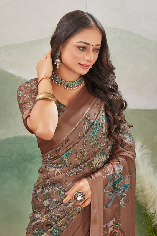 Premium Mysore Silk Saree In Rose Gold With Handcrafted Kalamkari Motifs | Premium Collection
