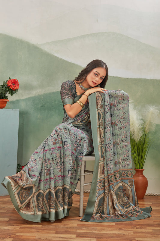 Grey Designer Viscose Satin Saree With Eye Catching Digital Prints And Partywear Blouse Fabric | Premium Collection