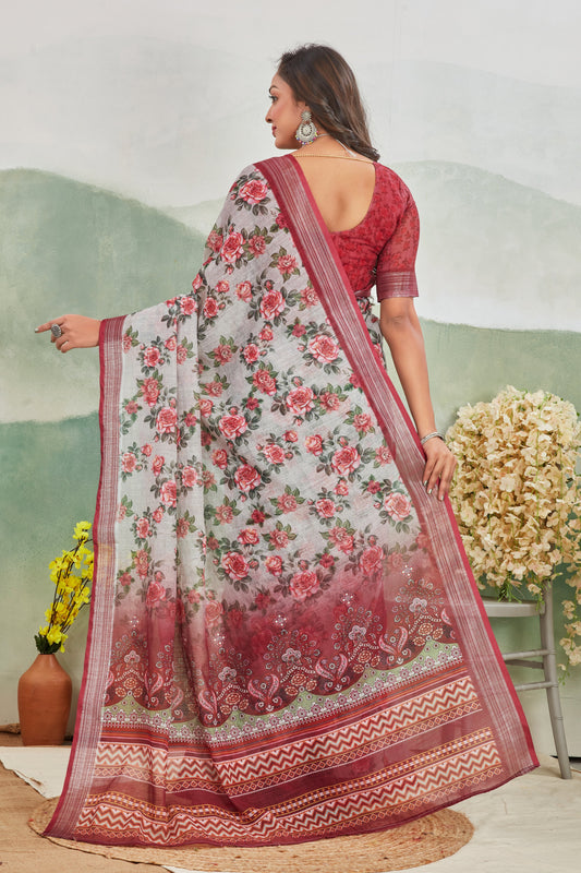 Printed Pure Linen Saree Red Lightweight Daily Drape | Premium Collection