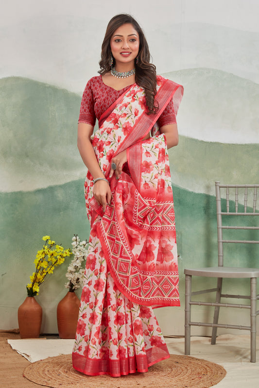 Pink Pure Linen Printed Saree Light And Easy Daily Wear | Premium Collection