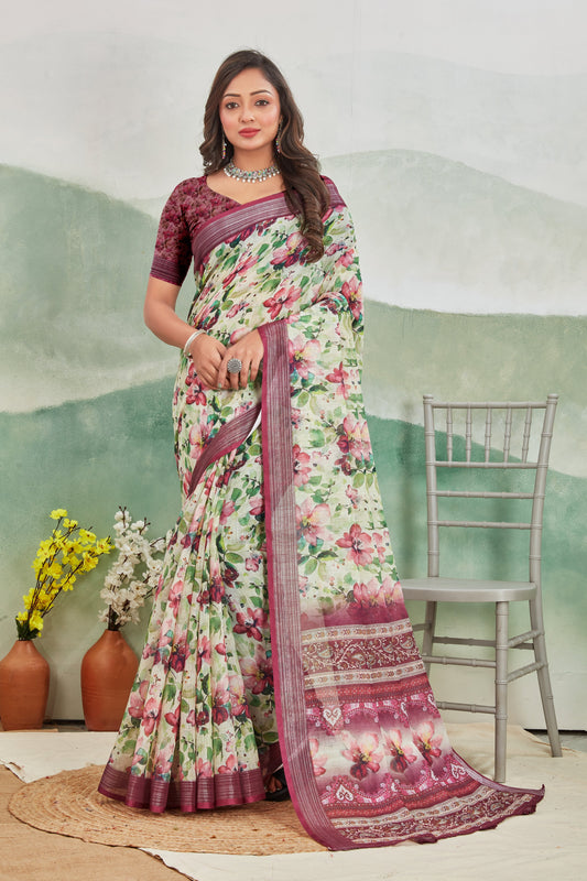 Wine Office Ready Linen Saree Pure Fabric And Printed Design | Premium Collection