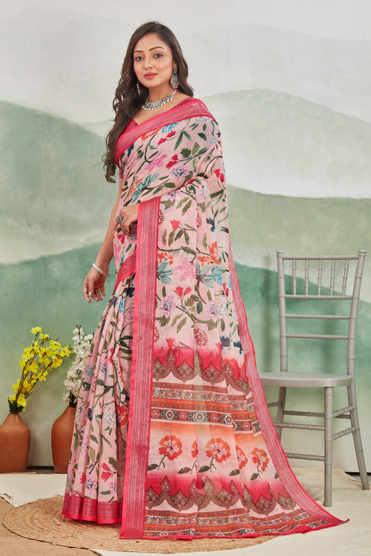 Trendy Daily Wear Saree Pink Pure Linen With Stylish Prints | Premium Collection
