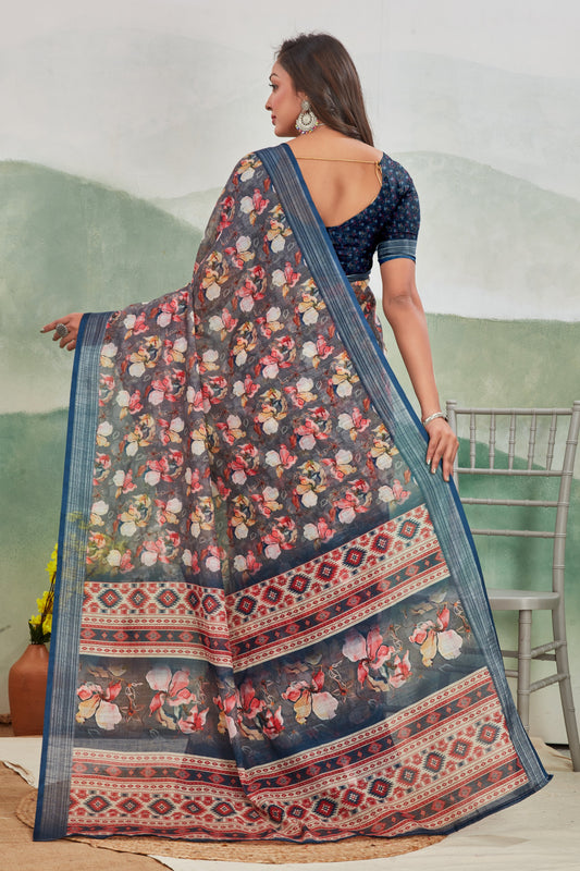 Comfortable Dark Blue Linen Saree Pure Printed Drape For Casual Days | Premium Collection