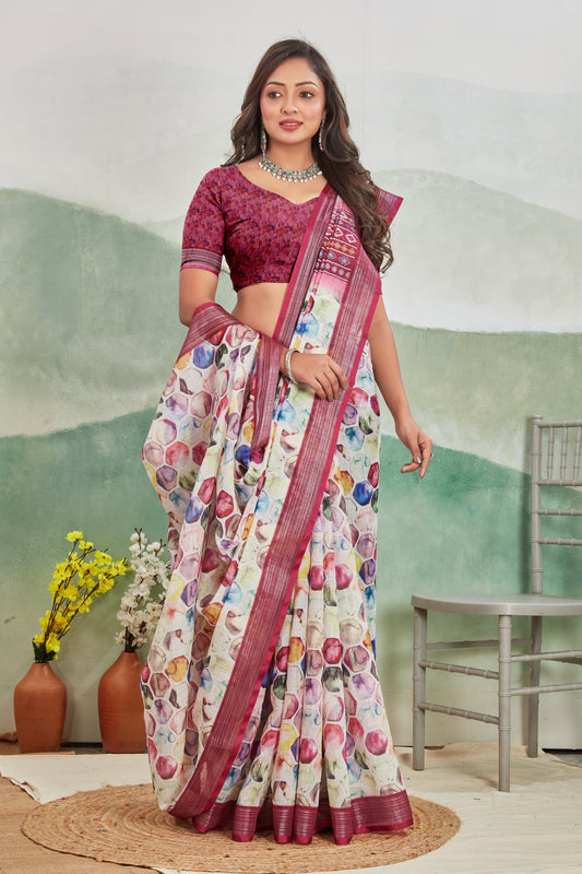 Pure Printed Linen Saree Pink Everyday Casual Style | Premium Collection