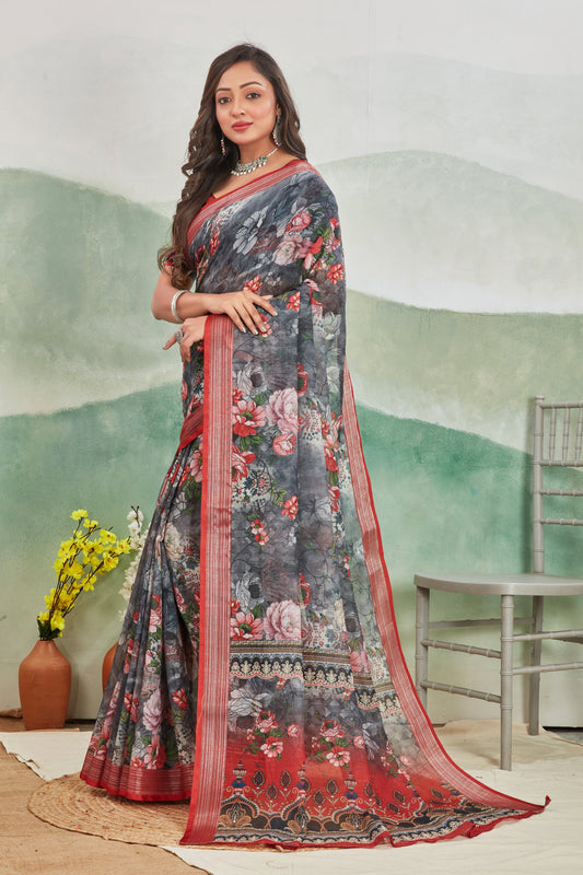Trendy Digital Printed Soft Silk Saree In Linen Blend Ethnic Ready | Premium Collection