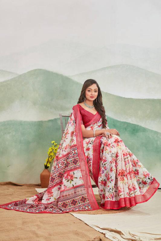 Red Summer Ready Linen Saree Pure Printed Casual Style | Premium Collection