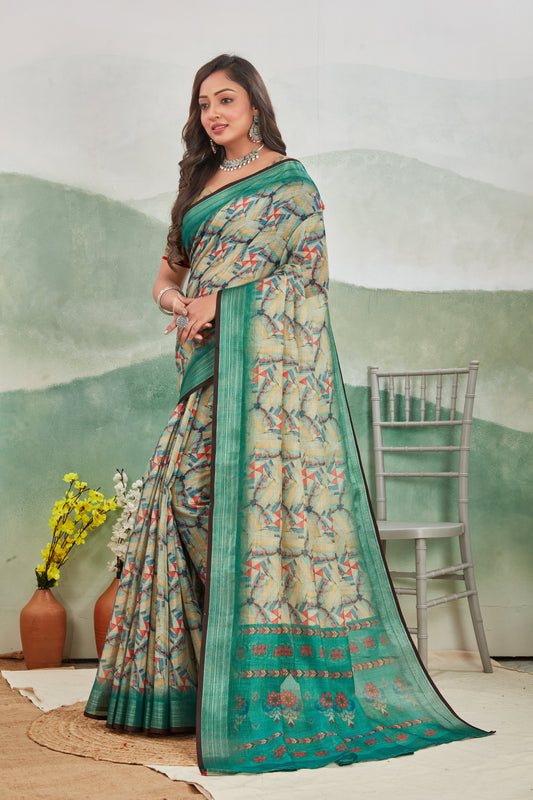 Easy Wear Printed Saree Green Pure Linen Daily Staple | Premium Collection