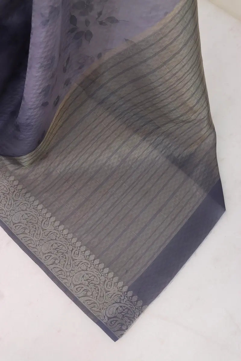 Steel Blue-Grey Vichitra Silk Digital Print Saree
