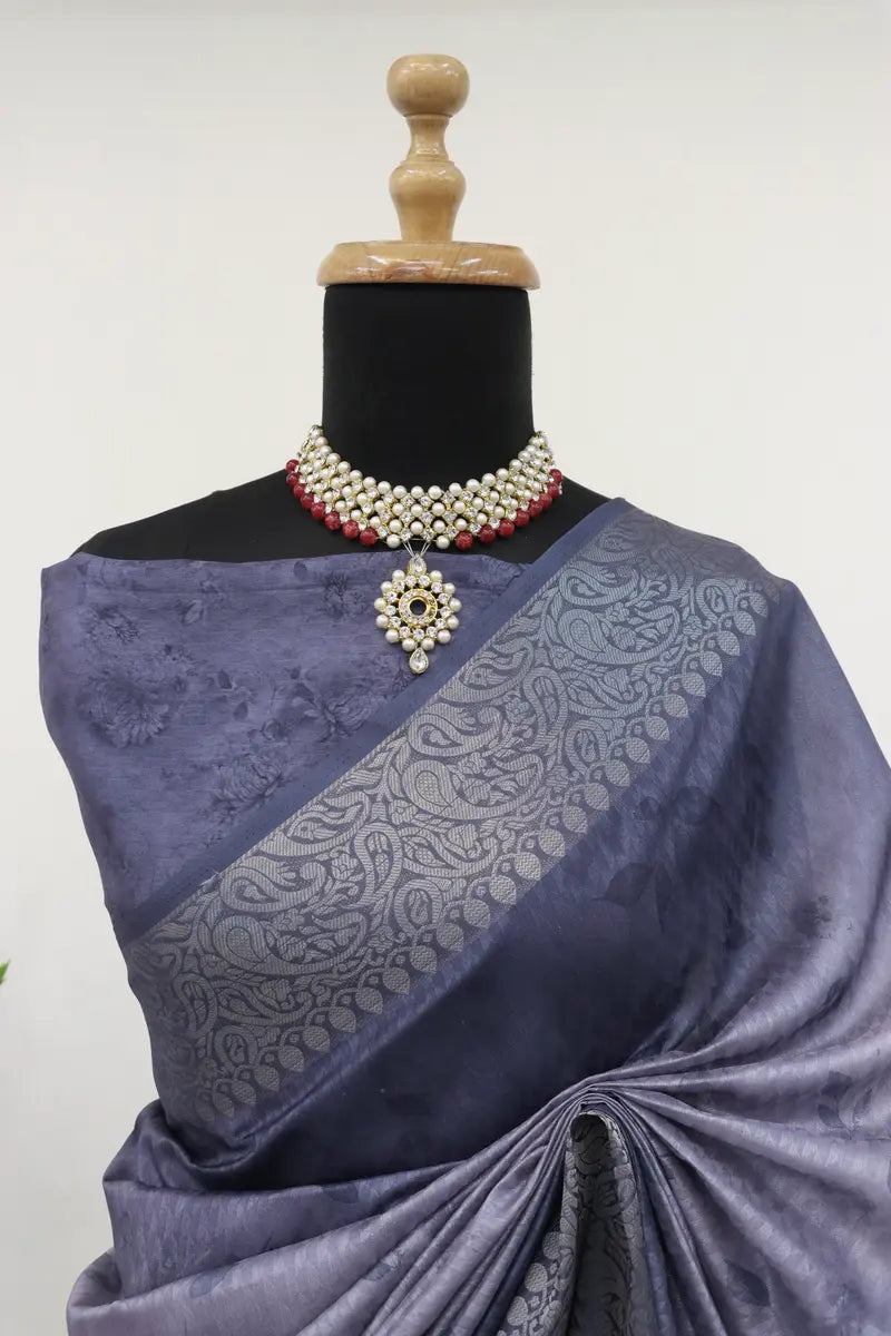 Steel Blue-Grey Vichitra Silk Digital Print Saree