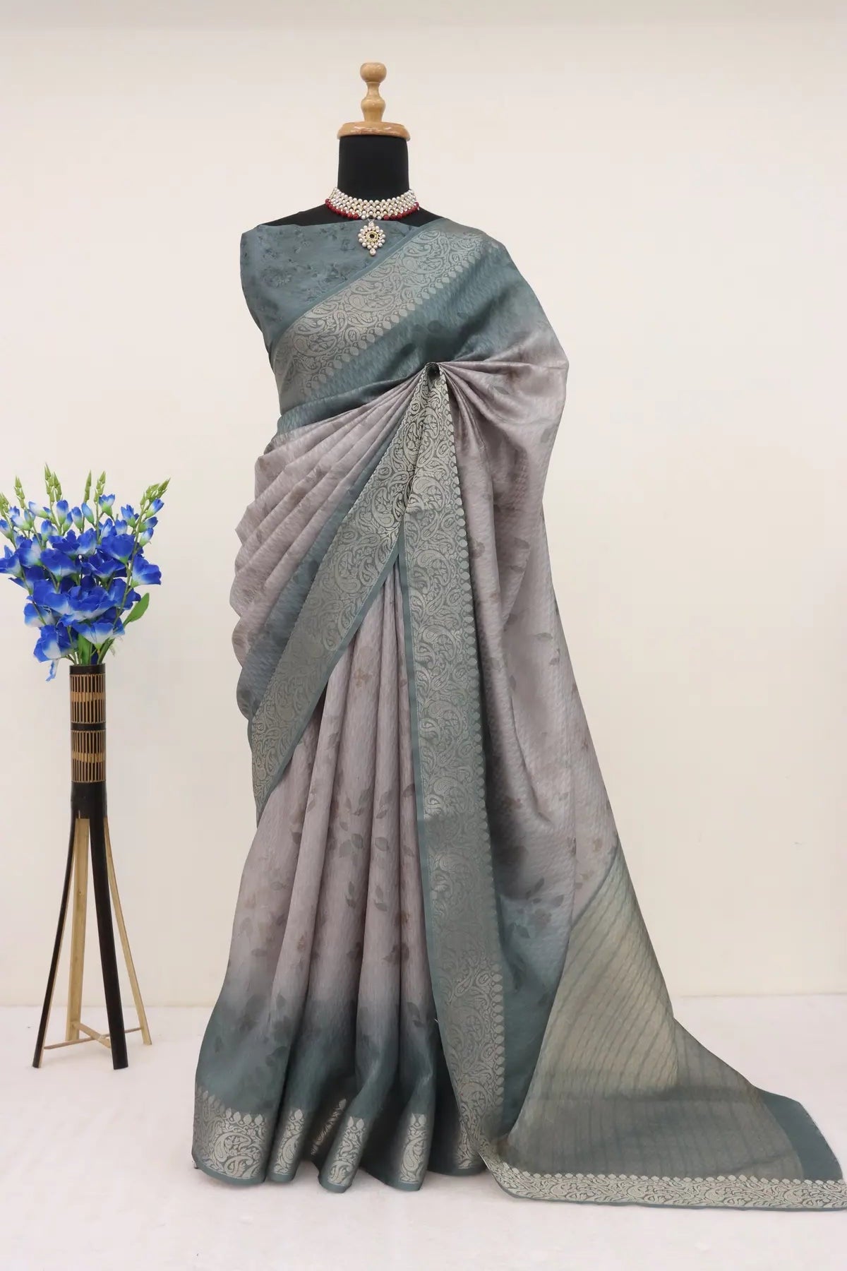 Sage Green Vichitra Silk Digital Print Saree
