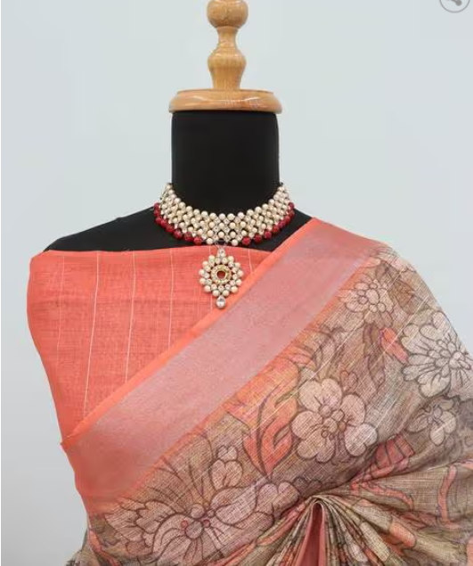 Earthy Rose Gold Floral Digital Print Cotton Linen Chanderi Saree – Sanskriti Saree