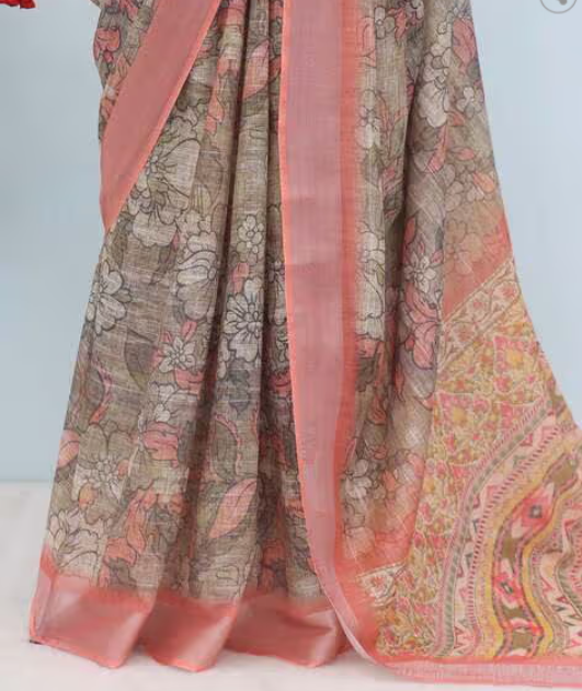 Earthy Rose Gold Floral Digital Print Cotton Linen Chanderi Saree – Sanskriti Saree