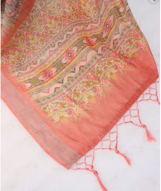 Earthy Rose Gold Floral Digital Print Cotton Linen Chanderi Saree – Sanskriti Saree