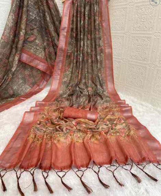Earthy Rose Gold Floral Digital Print Cotton Linen Chanderi Saree – Sanskriti Saree